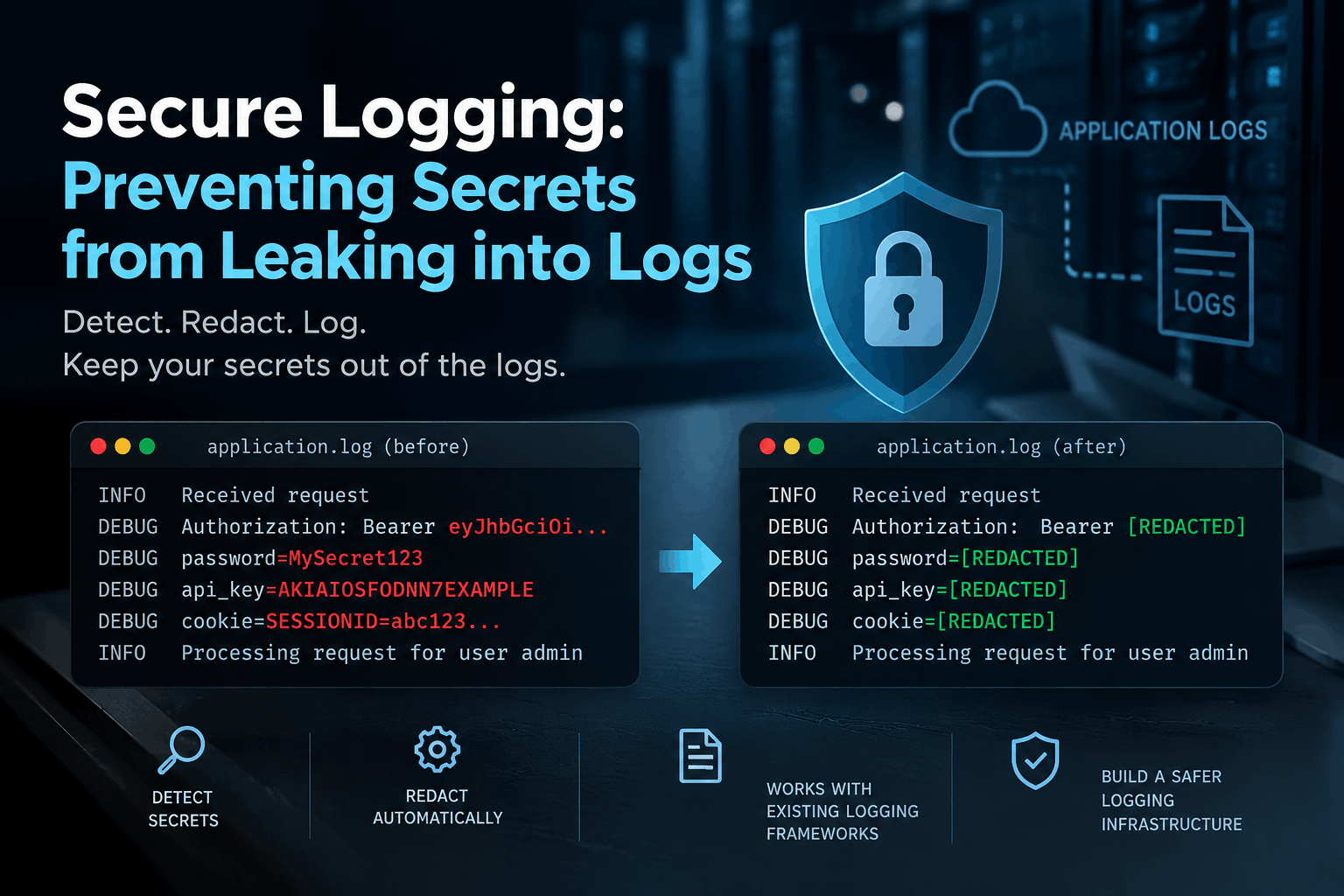 Secure logging with secrets redaction